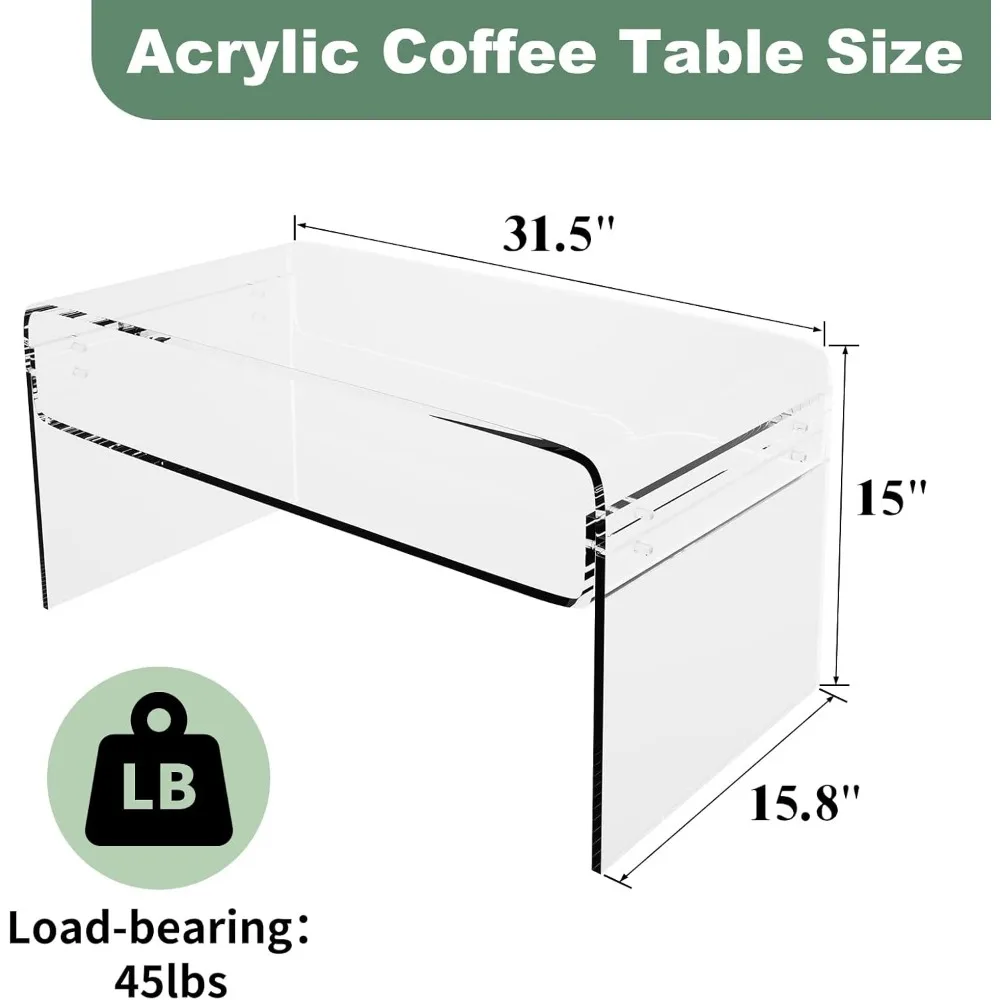 Acrylic Coffee Table, 31.5" Clear Coffee Table with Storage Shelf, Rectangle Centre Table