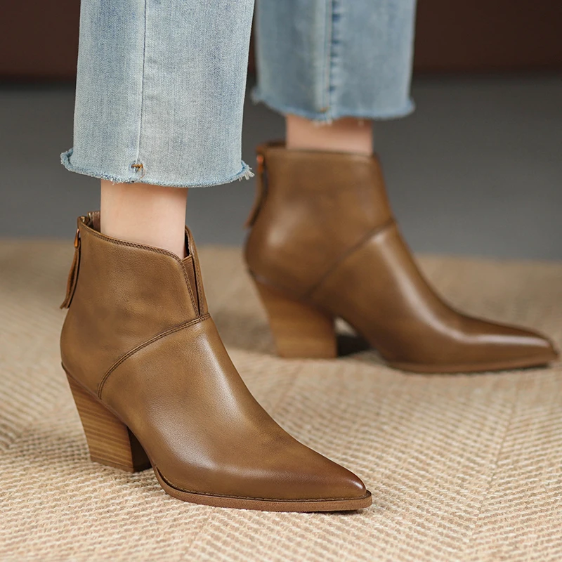 Women Ankle Boots Genuine Leather Autumn Winter Short Boots Thick Heels Pointed Toe Zipper Shoes Woman Mature Basic Office Lady