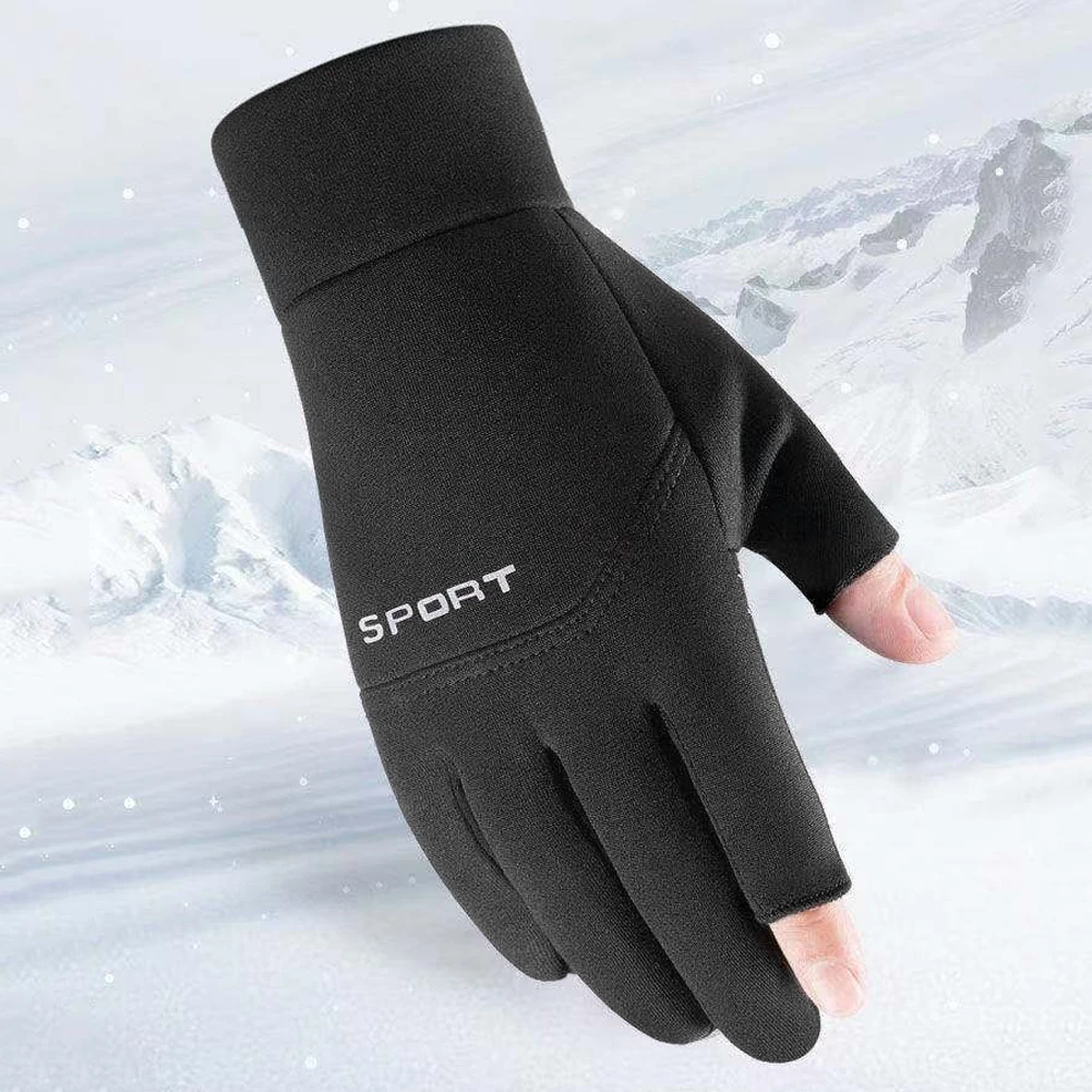 2-Fingerless Winter Cycling Gloves Touch Screen Outdoor Anti-Slip Gloves Windproof Ice Fishing Winter Gloves for Outdoor Sports