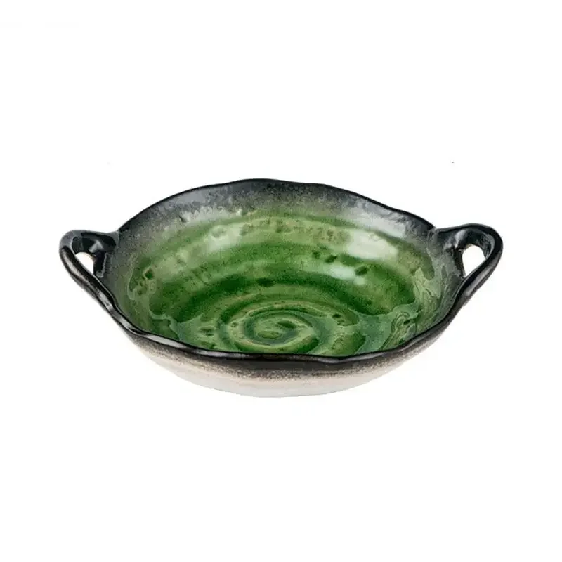 Retro Ceramic Double Ear Plate Fruit Salad Thick Soup Dessert Plates Pasta Specialty Tableware