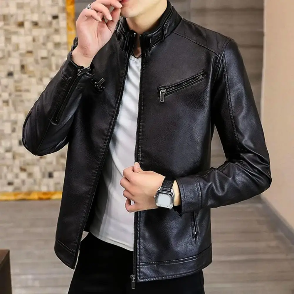 

For Autumn/winter Men Faux Leather Jacket Men Fleece Lining Jacket Men's Fleece-lined Stand Collar Jacket Stylish Pleated