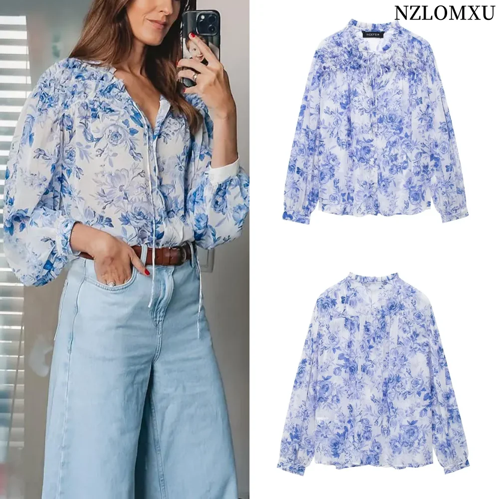 

Spring Female New Chic Casual Ruffled Floral Print Single Breasted Blouse Woman Long Sleeve Lace Up Decoration Shirts