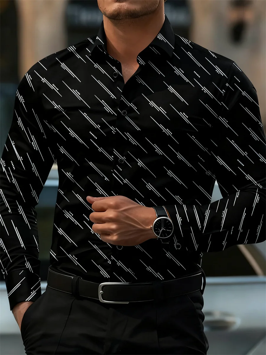 

Men's shirt fashion geometric line print long sleeve shirt business office casual slim versatile daily outdoor commuting top