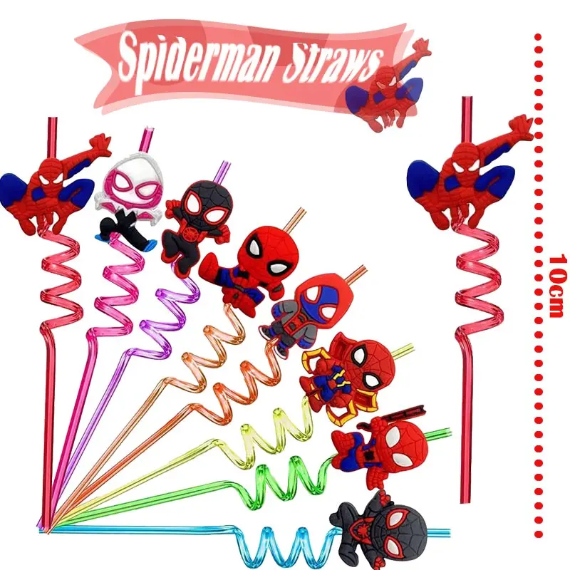 8pcs Spiderman Straws For Kids Cartoon Spiderman Theme Reusable Drinking Straws Birthday Decoration Party Supplies Baby Shower