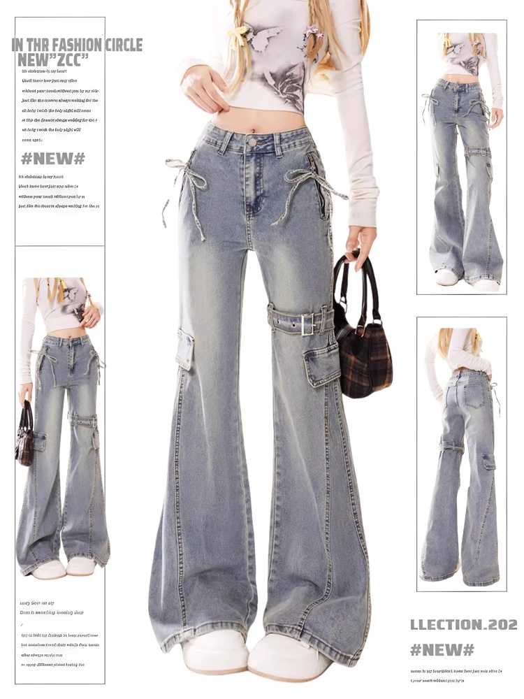 Y2K Patchwork Cargo Jeans Women High Waist Flared Denim Pants Buckle Strap Lace-Up Design Streetwear Retro Bell Bottom Trousers