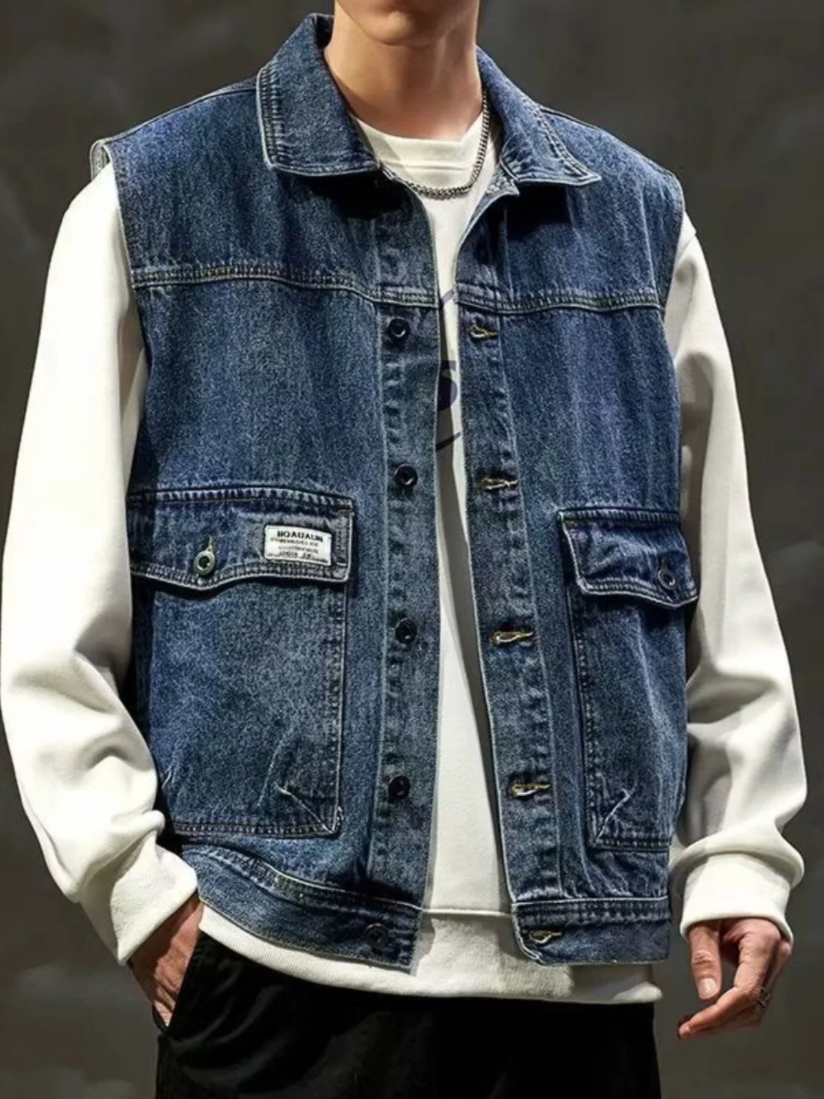 Loose American Style Men's Denim Vest 2026 New Fashion Brand Sleeveless Workwear Jacket Shoulder Pad No Button  Color