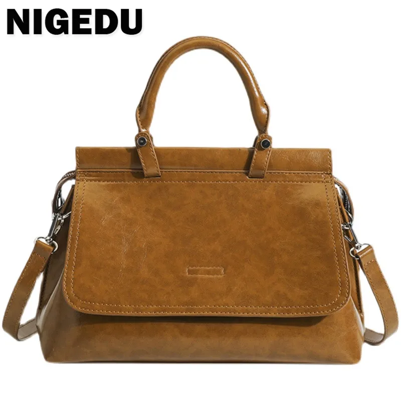 Vintage Women handbag Oil wax skin Elegant Commute briefcase Brand design Female messenger Shoulder Bag multistorey ladies totes