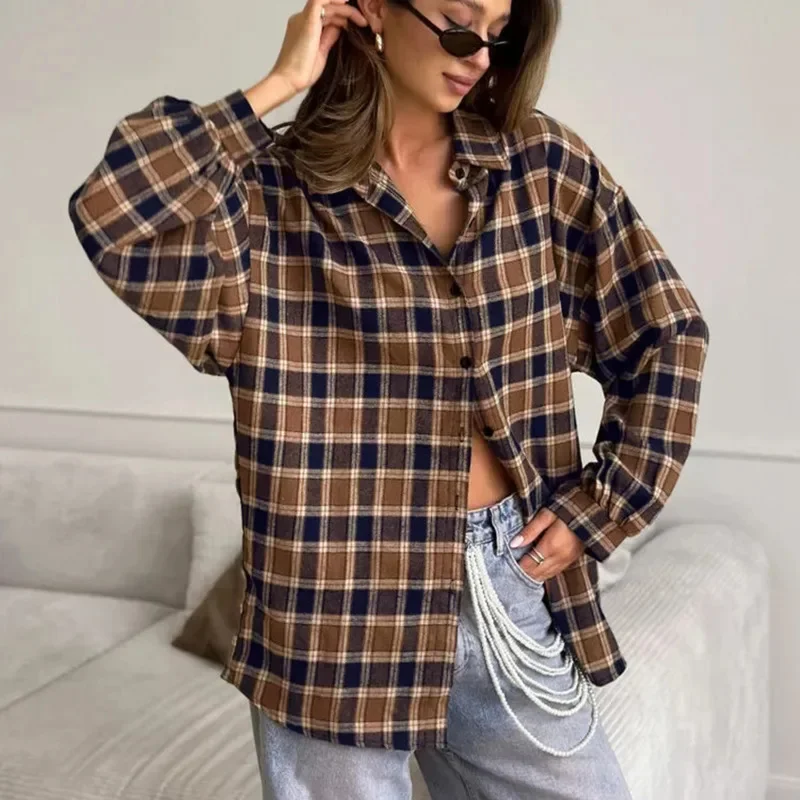 Women’s Casual Loose Fit Plaid Shirt Autumn Winter Long Sleeve Checkered Shirt Top Fashionable Oversized Women’s Plaid Shirts