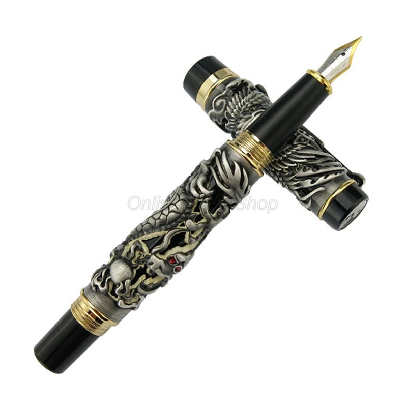 

Jinhao Vintage Dragon Phoenix Fountain Pen Metal Carving Embossing Heavy Pen Noble Gray And Black For Stationery Gift Pen JF002