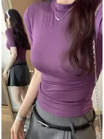 2025 Half-high Collar T-shirt Korean Short-sleeved Slim-fit Elastic Solid Inner Bottoming Shirt Sexy Big Chest T-shirt New