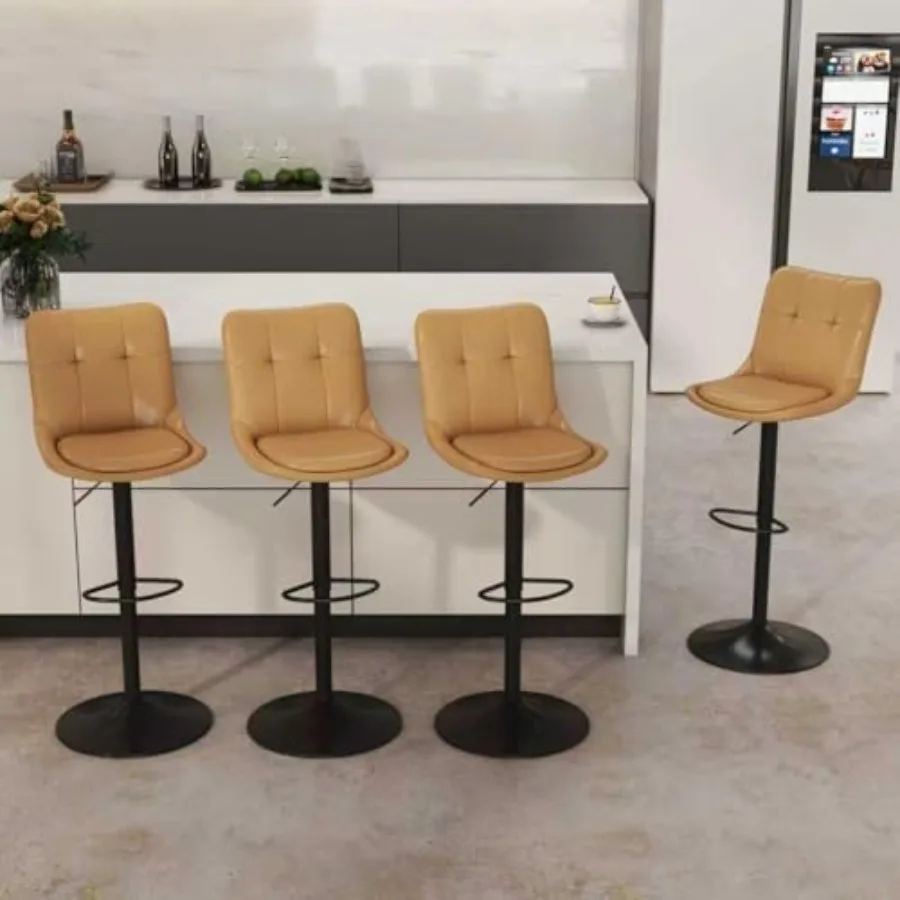 

Набор из 4 регулируемых барных стульев с обивкой из искусственной кожи, современные поворотные стулья для барной стойки с спинкой и подставкой для ног, высокие стулья для кухонной стойки
