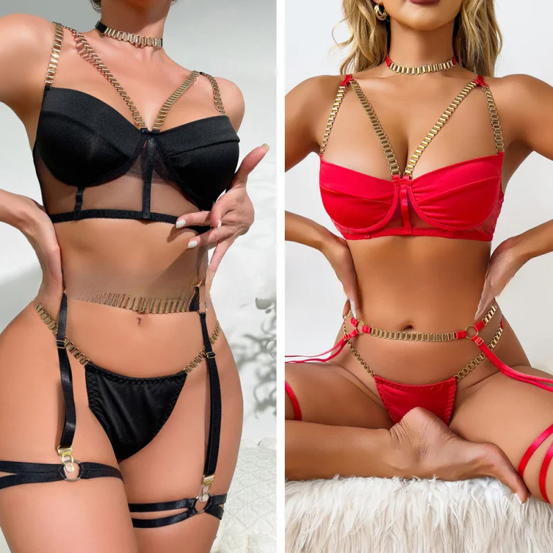 2025 Station indépendante chaîne en métal ensemble de sous-vêtements t-shirt pièces ensemble femmes Ele taille haute doux Polyester Fiber été Dr