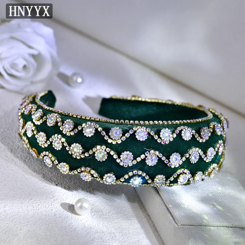 HNYYX Retro Green Velvet Headband Elegant Women Hair Accessories Sponge Thickened Headpiece Rhinestone Wide-Edge Hairband A251