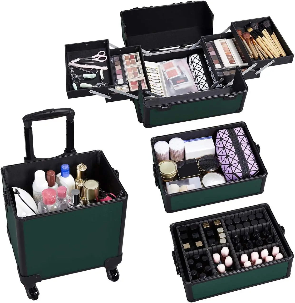 Topeakmart Rolling Makeup Case Large, 4 in 1 Professional Makeup Train Case, Cosmetic Storage Organizer Cosmetic Travel Case