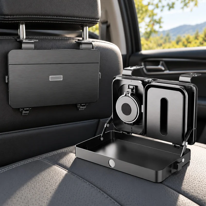 Multi-Function Backseat Tray for Cars with Cup Holder, Tissue Dispenser, and Snack Storage Organizer