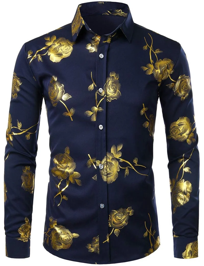 Fashion Men\'s Shirt Flowers 3D Gold Pattern Printing Lapel Button Top Long Sleeve Shirt Clothing Styles Design Comfort Shirts