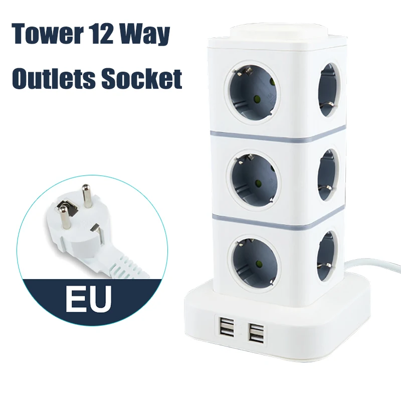 

Удлинитель-разветвитель Tower на 12 розеток (EU) с USB-портами, выключателем и защитой от перенапряжения, 1.8м, 250В 10А
