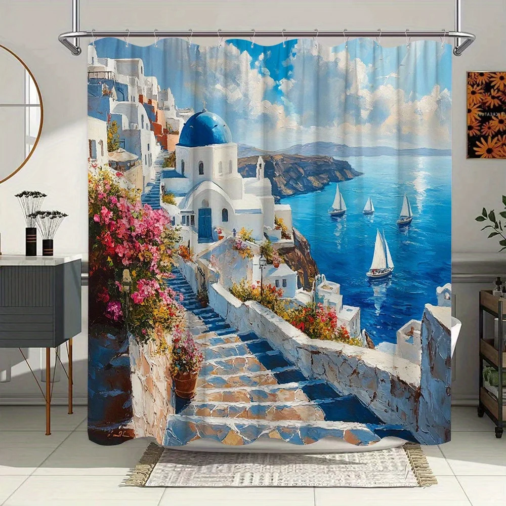 

Шторка для душа с видом на море Санторини, полиэстер, с принтом, для домашнего декора, в средиземноморском стиле, для интерьера, в прибрежном стиле