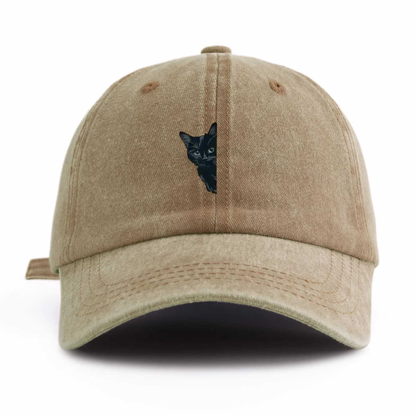 1pc Black Cat Print Washed Baseball Cap for Adults,Minimalist Retro Style Casual Soft Adjustable Dad Hat, Perfect As Gift