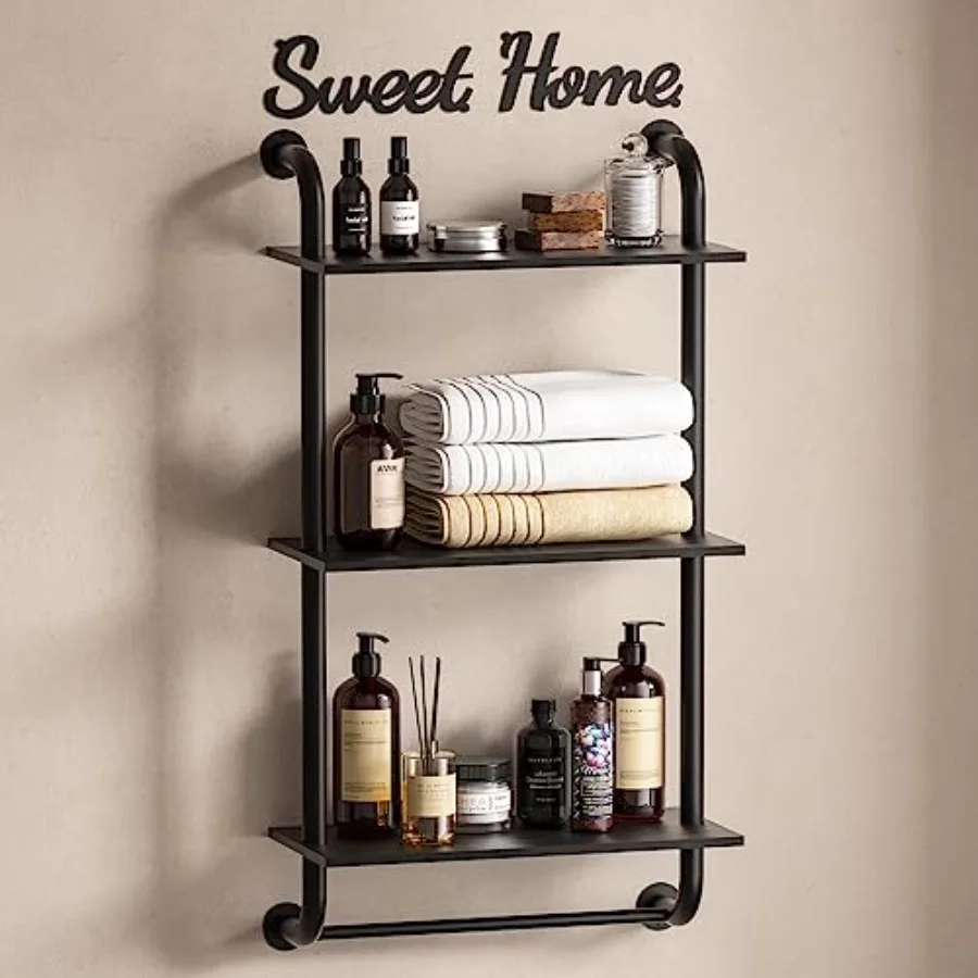

Bathroom Shelves Wall Mounted Rustic Farmhouse Pipe Shelves 3-Tier Industrial Black Pipe Shelving Floating Shelf Wall Decor for