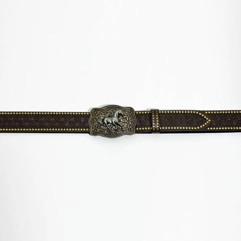 Retro Carved Western Cowboy Belt Horse Buckle Luxury Design PU Leather Belt Trendy Brand Embossed Rivet Belt For Women Man