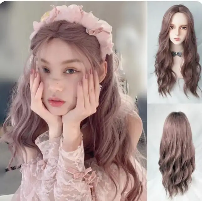 Wig Pop Brown Gray Long Deep Wave Hair Lolita Wig With Bangs Synthetic Wig Lady Fashion Thick Curly Hair Wig Girl