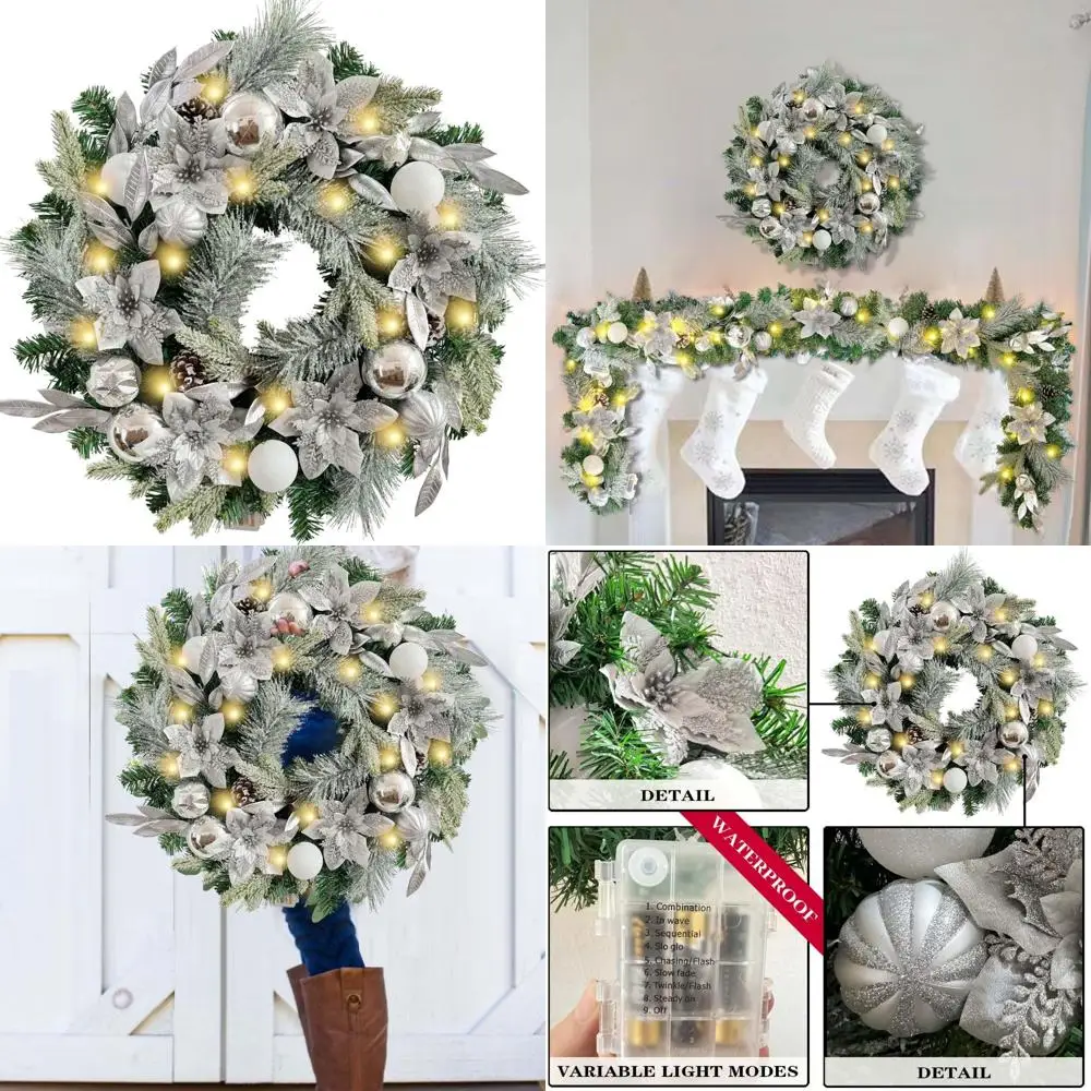 

WANNA-CUL Pre-Lit 24 Inch Lighted Christmas Wreath for Front Door Decor with Silver White Christmas Ball Ornaments and Poinsetti