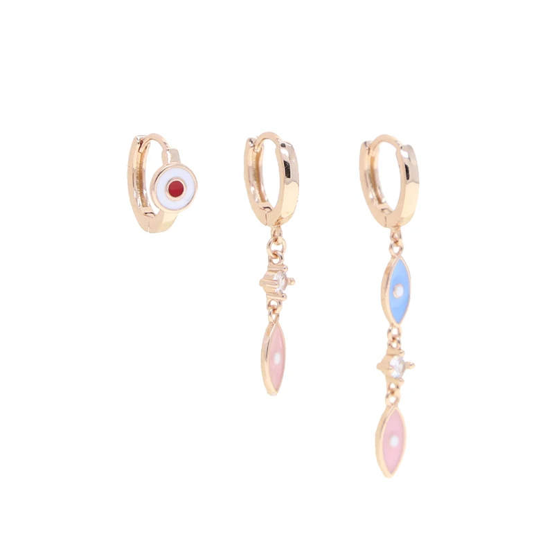 Rose Gold Plated Lucky Enamel Evil Eye Charm Multi Piercing Fashion Women Girl Dangle Charm Earring Set