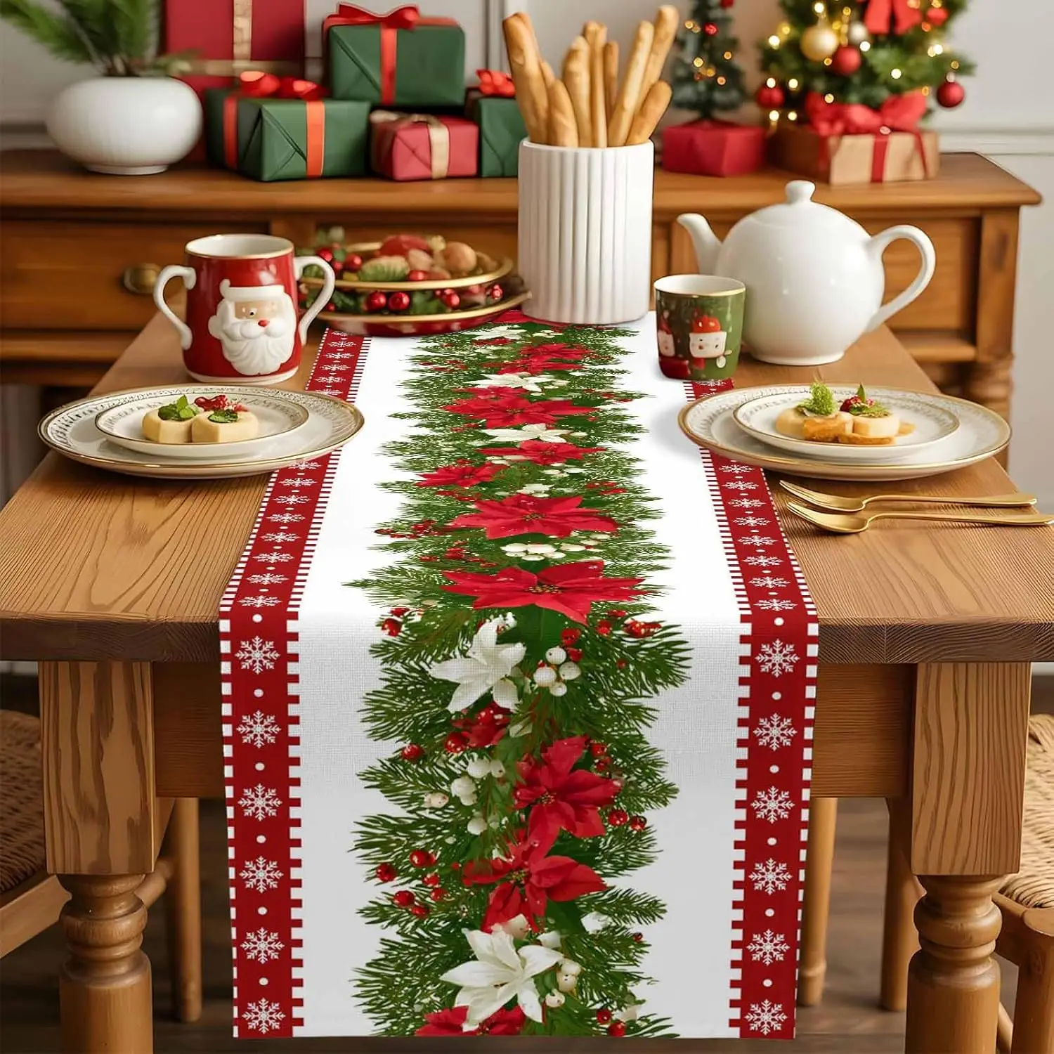 Christmas Poinsettia Pine Needle Snowflake Table Runner Party Decor Winter Xmas Kitchen Dining Table Runner Christmas Decoration
