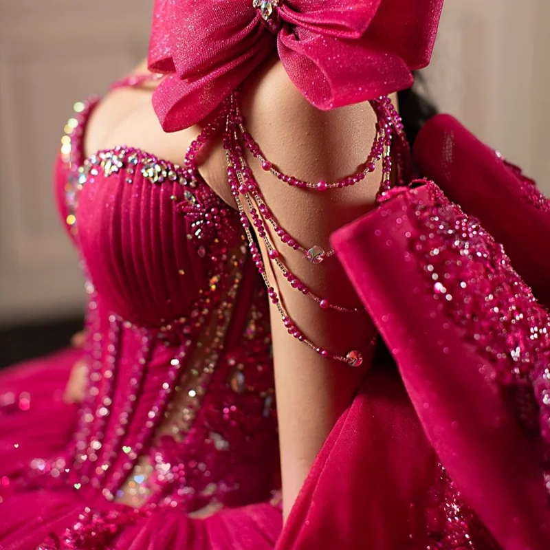 Magenta Quinceanera Dress Glitter Crystal Lace Ruffles Decal Long tail off-shoulder Bow Vestidos De 15 Quinceanera ﻿Customize