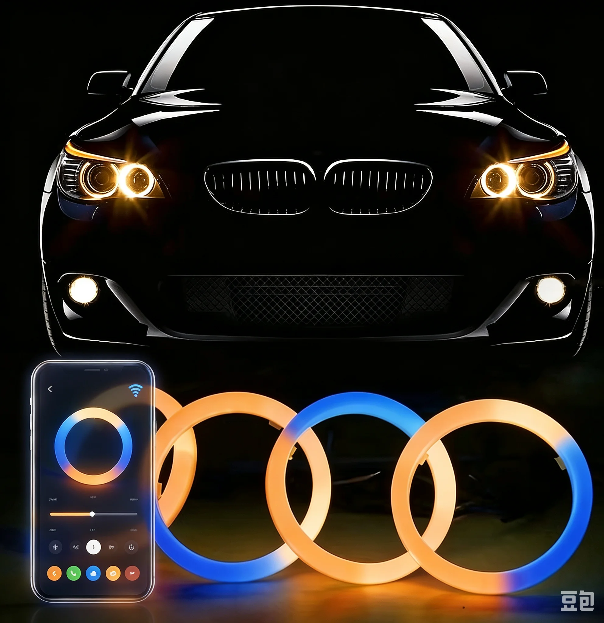 RGB 4 in 1 Car Angel Eye LED Headlights Multiple Color App Control Halo Rings Daytime Running Light Retrofit Car Accessories
