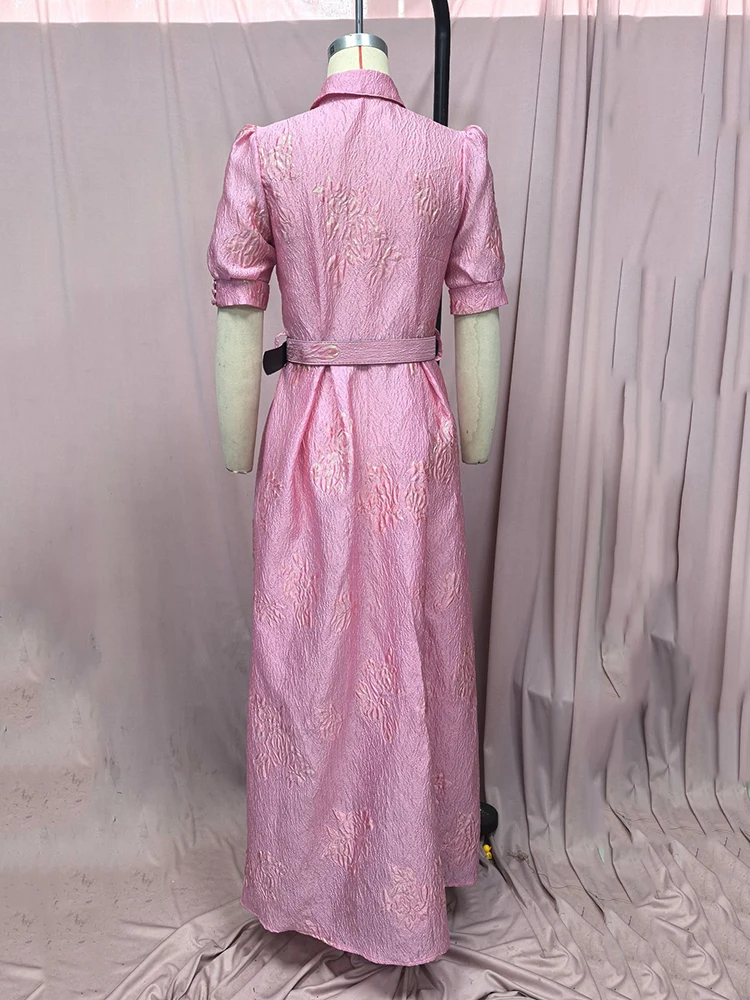 فساتين أنيقة فاخرة ضئيلة طويلة الربيع النساء التلبيب فستان بأكمام قصيرة الصيف عالية الخصر الوردي موضة حزام طول الركبة فستان #6