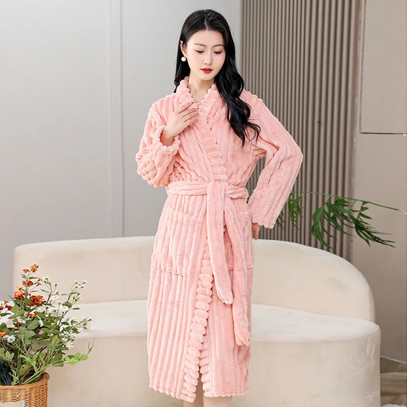 Long Sleeve Coral Bathrobe Women's Wearable Bath Towel Absorbent Thick Warm Soft Winter Home Use Nightgowns