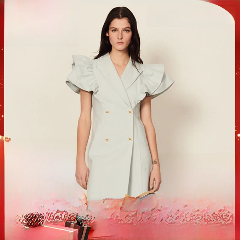 

S Home Spring Summer OL Commute Classic Collar Gored Sve Hole Dr Ele A-Line Skirt ort Sve High Waist Button De...