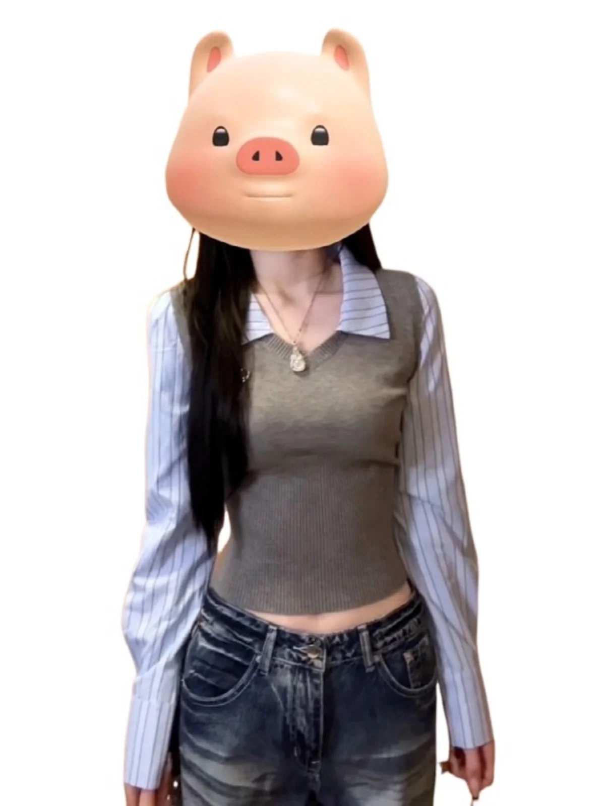 Grande taille coupe ajustée rayé Patchwork Long Sve femmes irt American College Sle faux deux pièces Sle haut d'automne