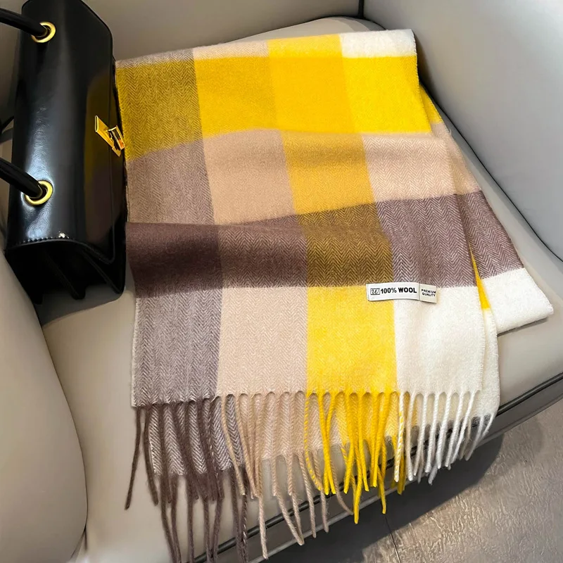 British Pure Wool Scarf For Men Women In Winter Classic Yellow Large Grid Tassel Cashmere Warm Scarf Couple Gift Scarf Female