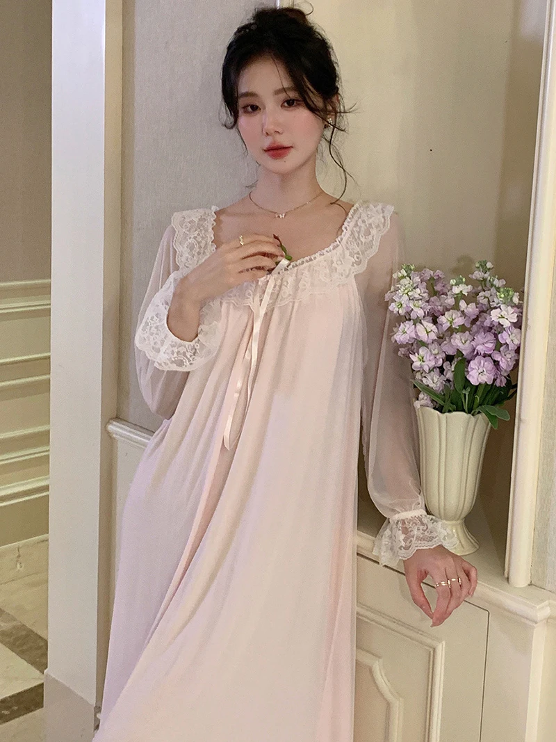 Women Ruffles Vintage Nightgowns Lolita Princess Sleepwear Pink Lace Mesh Fairy Night Dress Victorian Nightdress Loungewear