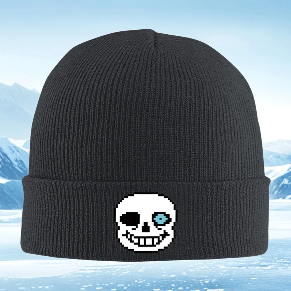 2026 Pixelated skull smiling eye blue Men Women Unisex Knitted Hat Beanie Pullover Cap Winter Thermal Warm Christmas Outdoor Cyc