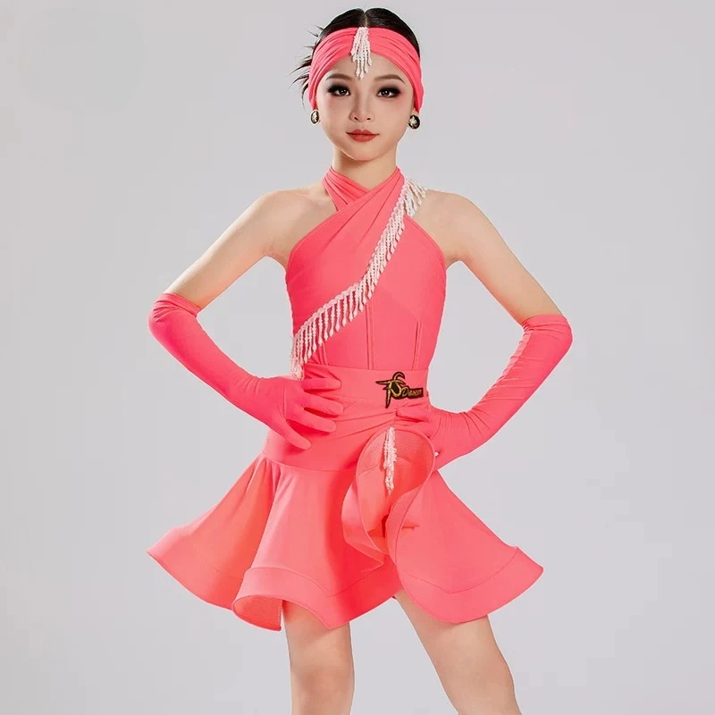 

New Latin Dance Costumes Girls Women Performance Clothes Chacha Dance Competition Dress Gloves Suit Latin Practice Dress