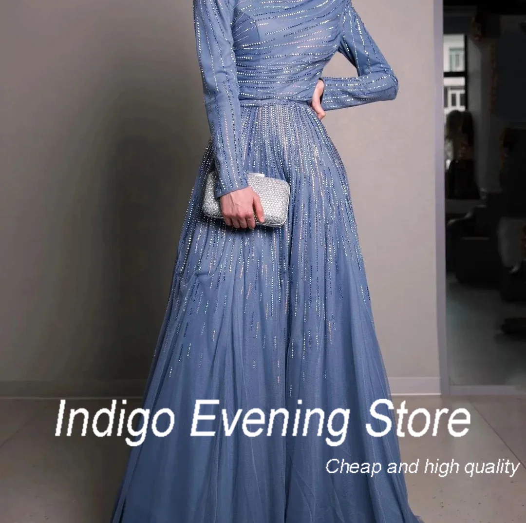 Indigo Prom Dresses O Neck Full Sleeves Beads A Line Floor-length Formal Occasion Dress For Women Vestidos De Gala  Customized