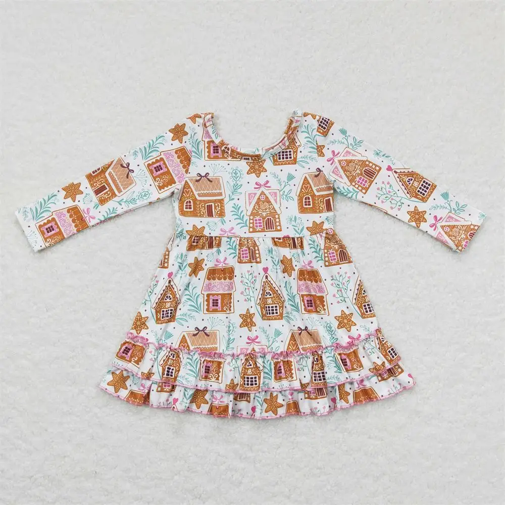 Wholesale Infant Toddler Christmas One Piece Kids Children Knee Length Nightdress Baby Girl Long Sleeves Gingerbread Cake Dress