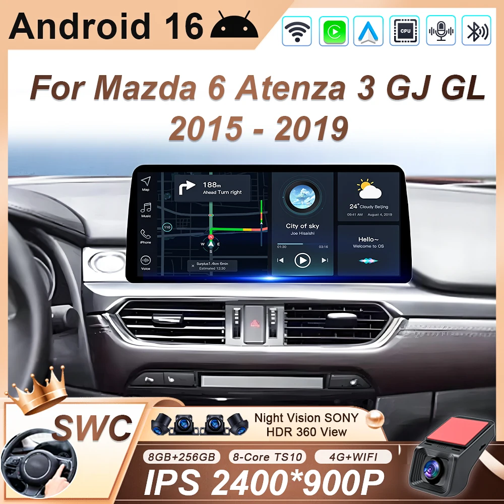 Rádio Automotivo Android de 12.3 Polegadas para Mazda 6 Atenza 3 GJ GL 2015 2016 2017 2018 2019 com GPS, Navegação, Carplay, Reprodutor Multimídia Automotivo e Bluetooth.
