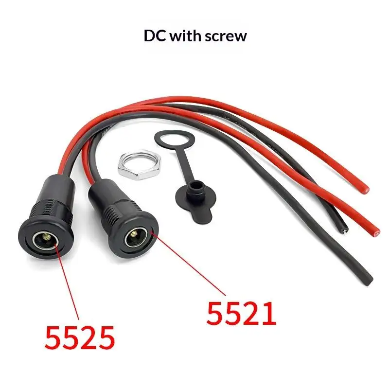 DC 5521/5525 With Cable External Screw Thread Waterproof Charging Female Socket Power Plug Connector