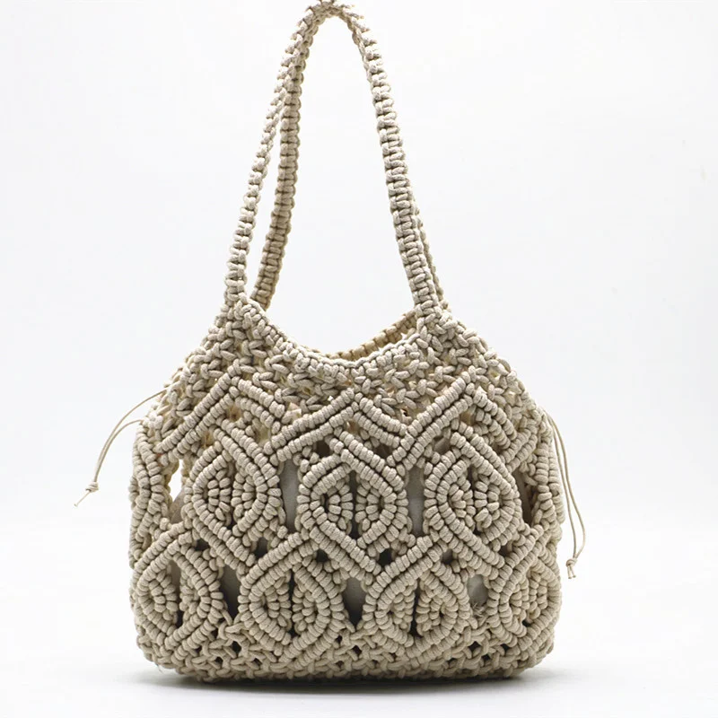 

ZA New Cotton Thread Shoulder Designer Bags Hollow Out Holiday Woven Large Handbag Women's Off White Casual Beach Bag