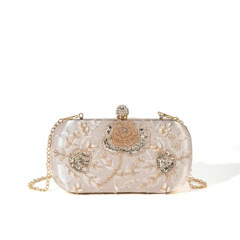 

Luxury Embroideried Pearl Evening Handbag Women's Vintage Beading Floral Clutch Bag Classic Ladies Apricot Beaded Fabric Purse