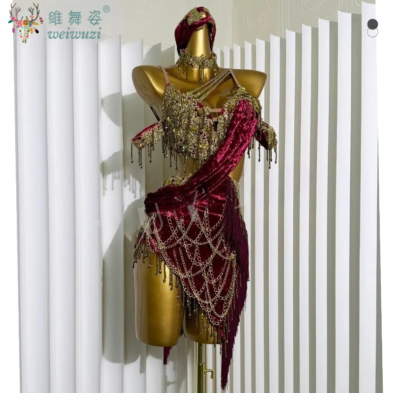 

Костюм для латиноамериканских танцев класса люкс, индивидуальный пошив, с бахромой и стразами AB, для взрослых, для румбы и ча-ча-ча, профессиональная одежда для выступлений