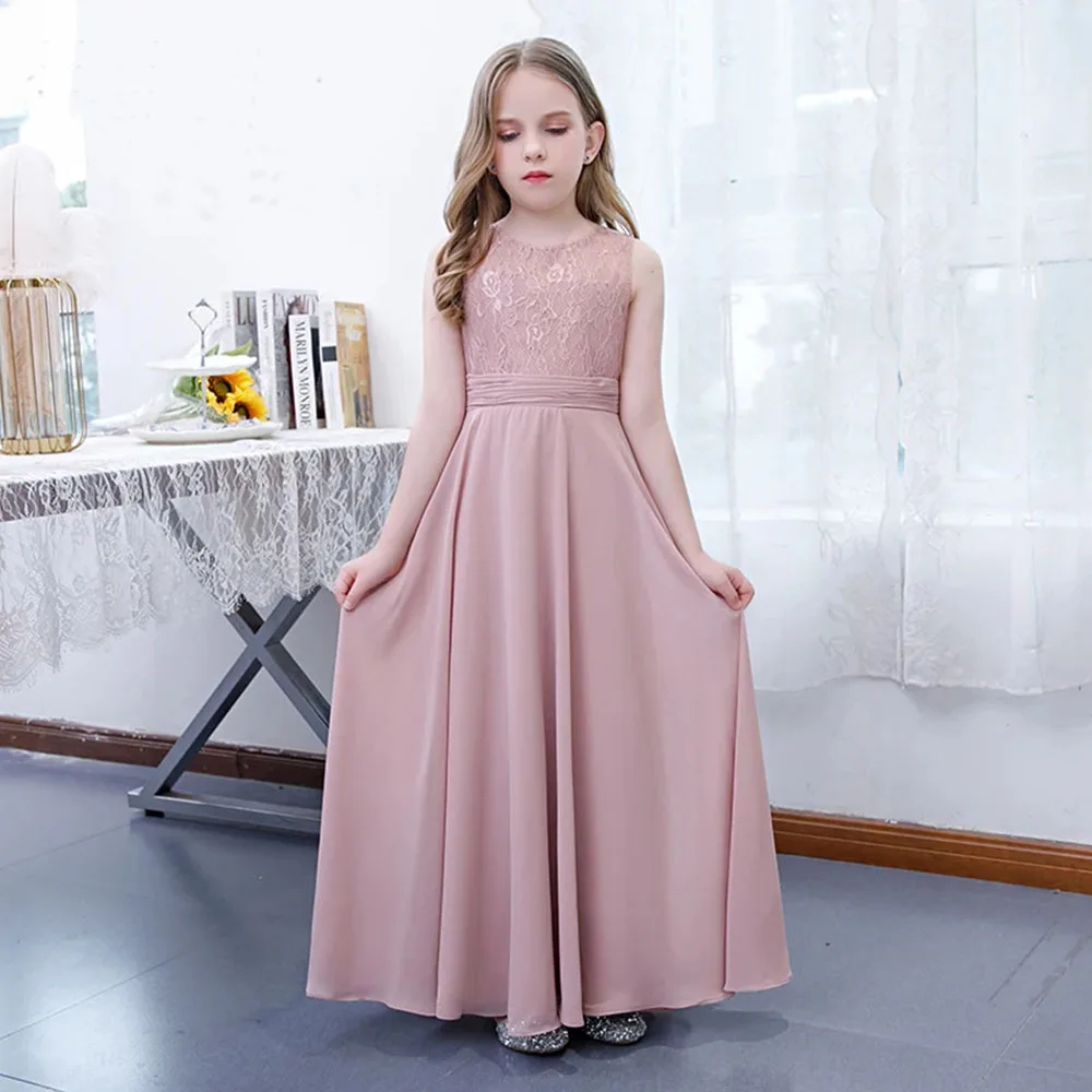 Kydynqj staubige rosa Chiffon Junior Brautjungfer Kleid 2024 ärmellose Spitze eine Linie lange Geburtstags feier Blumen mädchen Kleid