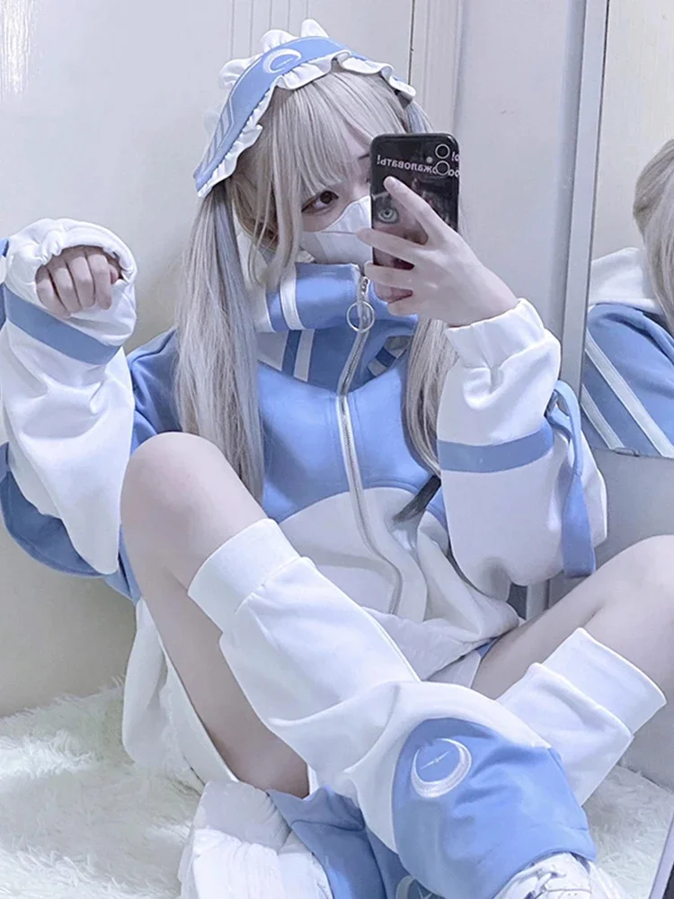 

Lolita Blue White Anime Subcultural Sports Set Jacket Fashion Cute Sweet Two Piece Set For Autumn Soft Girls