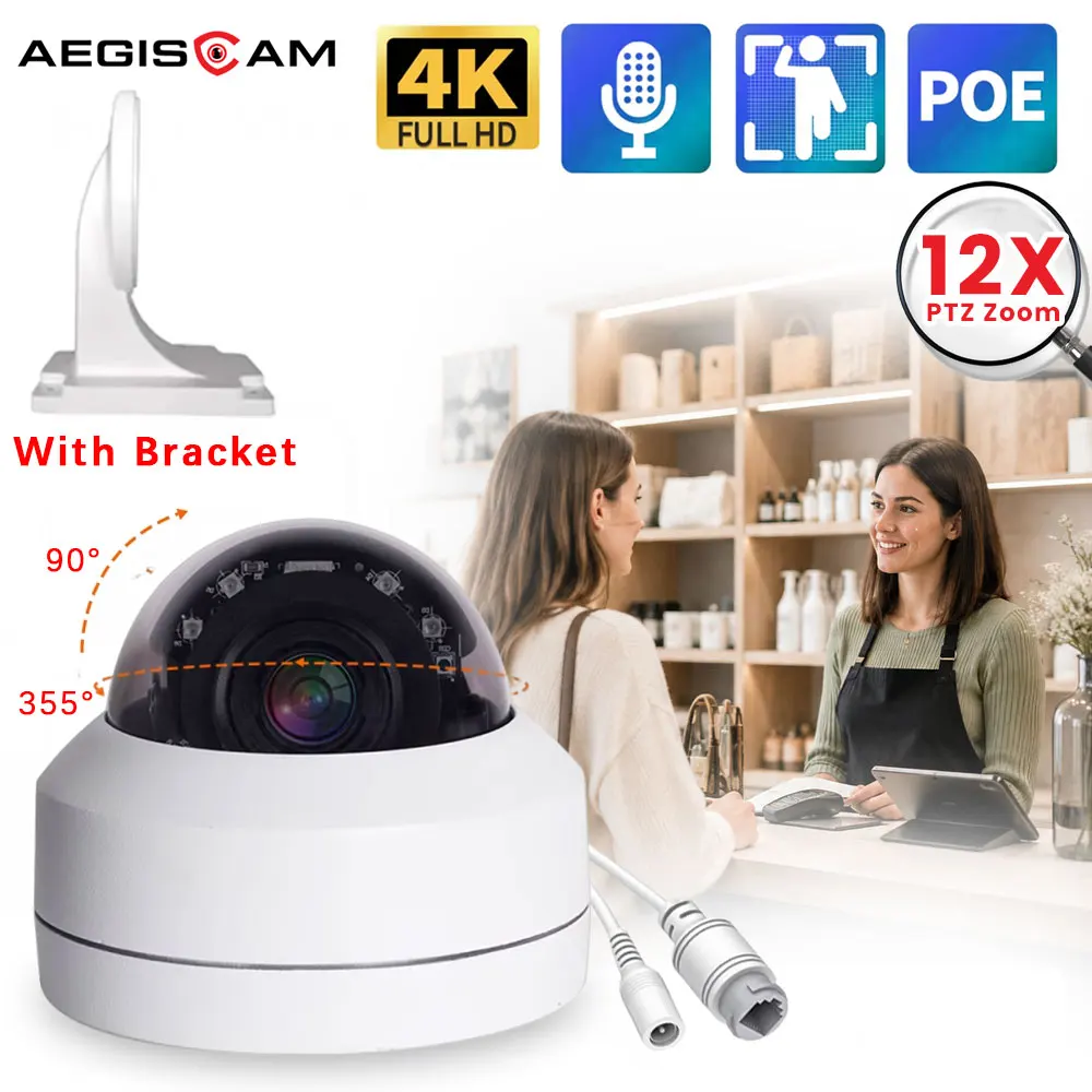 Intelligente 4K 8MP POE IP PTZ-Kamera mit 12-fachem optischem Zoom, Audioaufnahme, explosionsgeschütztem Metallgehäuse, IR 80m, inklusive kostenlosem Halterungs-Geschenk, Outdoor-Sicherheitsschutz,