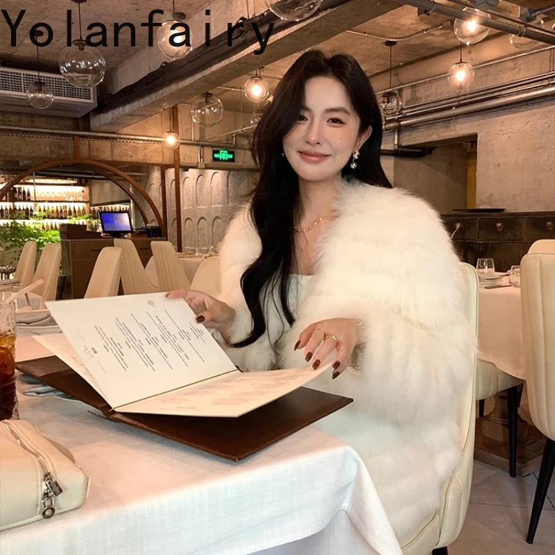 욜란페어리 리얼 폭스 퍼 코트 여성 겨울 보온 V넥 긴팔 우아함 기품 화이트 천연 폭스 퍼 코트 여성 2025